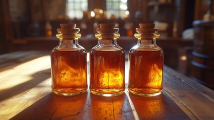 Amber bottles with liquids on wooden table in antique apothecary