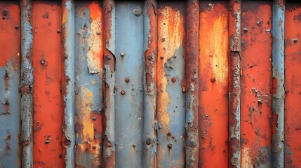 The image is of a rusty metal fence with a blue stripe