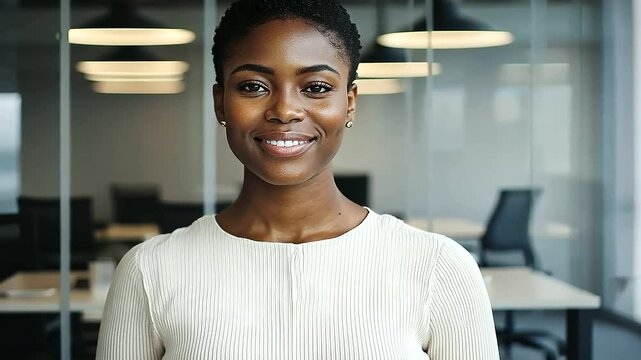 Confident Businesswoman Presenting in Modern Office Setting
