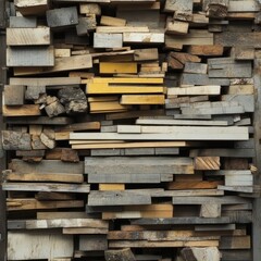 Stack of wooden planks in a sawmill, ready for recycling