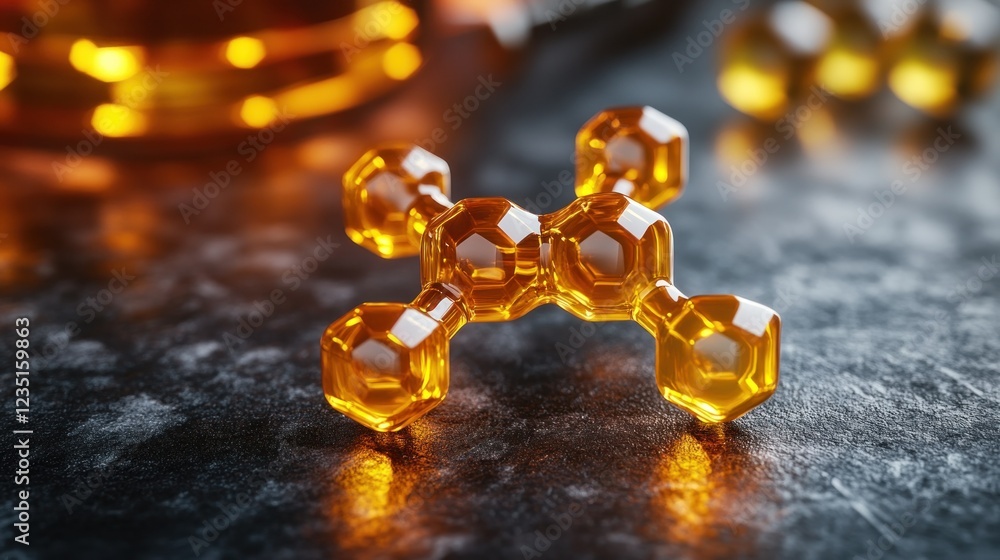 Poster amber molecular structure on dark surface with illuminated background