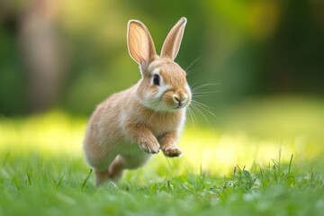 A cute rabbit joyfully hops on the vibrant green grass under bright sunlight, capturing a playful and lively moment.