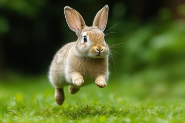 Obraz premium A lively rabbit leaps joyfully across lush green grass, showcasing its energy and playful nature in a natural setting.