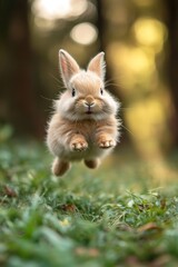 Obraz premium Cute bunny leaps joyfully across a lush green meadow, capturing the essence of springtime playfulness and delicate nature.