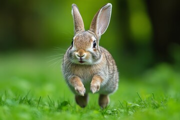 Fototapeta premium Adorable rabbit joyfully hopping across vibrant green grass, showcasing nature and wildlife in a lively and playful moment.