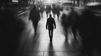 Silhouette of a solitary man walking amidst a blurred crowd in a bustling urban street, captured in monochrome.