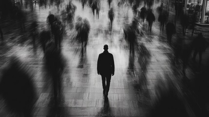 Monochrome image of a lone individual standing still in a bustling city scene, with blurred motion of people around.