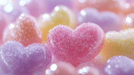 Fototapeta premium Colorful pastel candy hearts covered in tiny sparkling bubbles, creating a soft, dreamy, and romantic atmosphere.