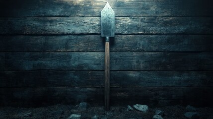 Ancient spearhead on dark wooden wall