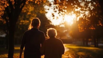 A caregiver and elderly woman walk together through a sunlit park, illustrating companionship and care in a serene setting.
