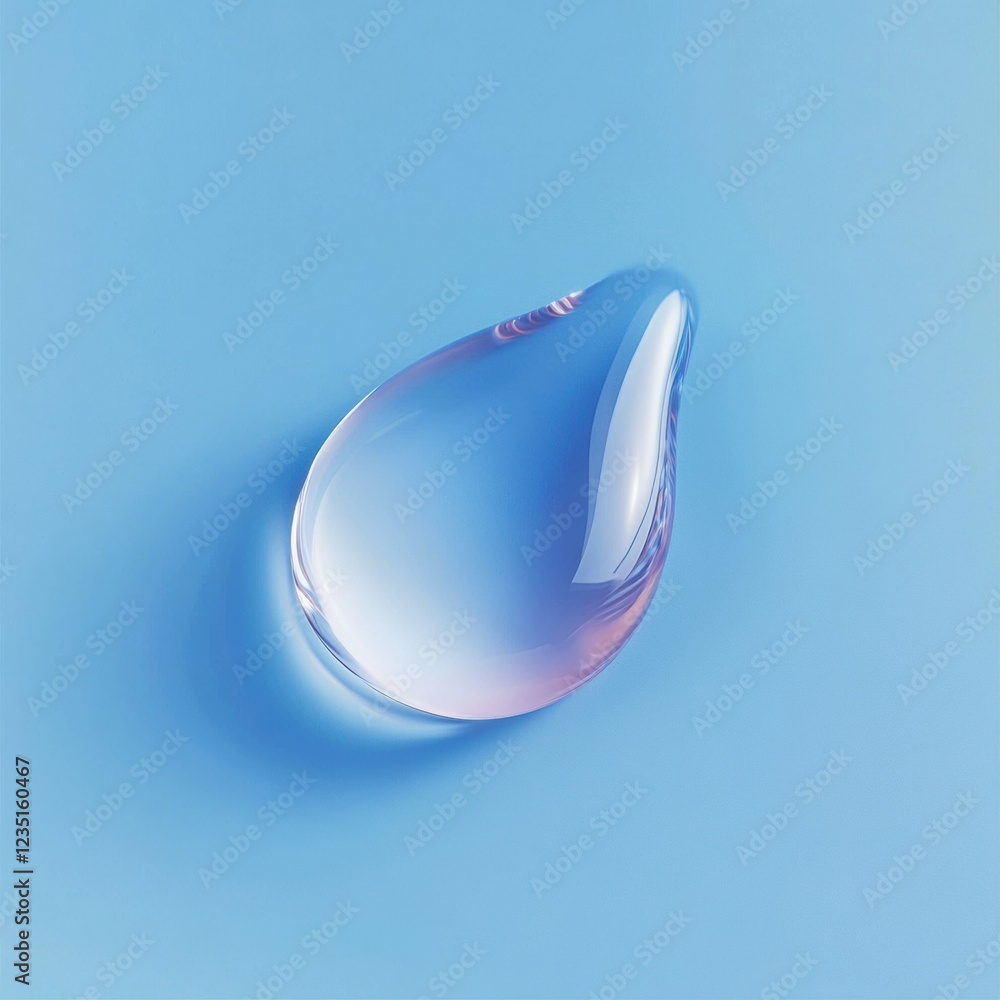 Aufkleber Beautiful crystal clear water droplet on smooth blue surface reflecting light and creating serene ambiance. Generative AI