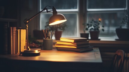A wooden desk with a lamp, books, and plants.
