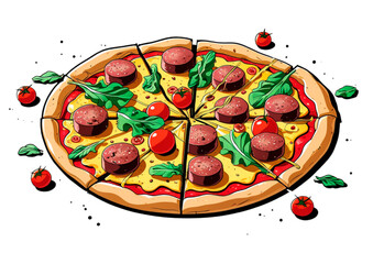 illustration, pizza, food, cheese, italian, tomato, vector, meal