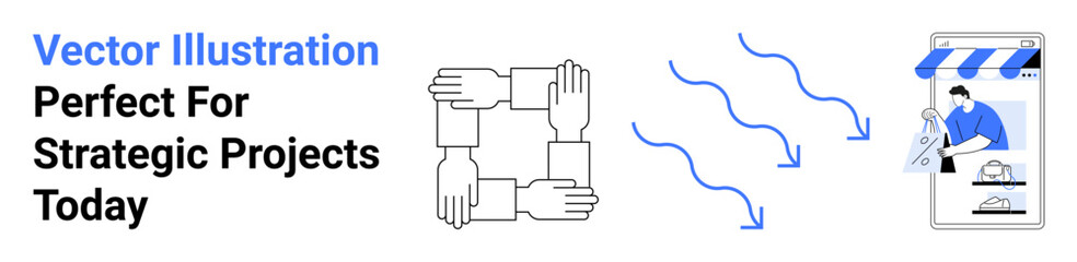 Interlocking hands signify teamwork, arrows showcase workflow processes, and a mobile storefront emphasizes online sales. Ideal for collaboration, workflow, e-commerce, marketing, planning, strategy