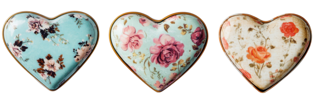 Vintage floral heart-shaped ceramic boxes with various patterns png