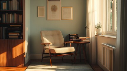 A cozy corner of a room with a beige armchair, wooden side table, and bookshelf.