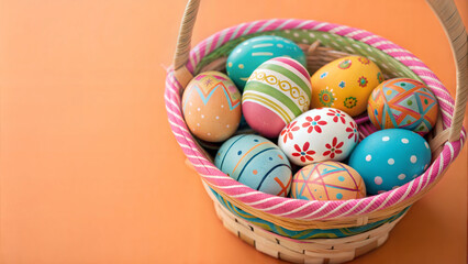 Fototapeta premium Easter basket with vibrant decorated eggs on orange background