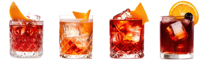 Variety of negroni cocktails with orange garnish and ice cubes in glasses png