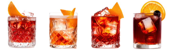 Variety of negroni cocktails with orange garnish and ice cubes in glasses png