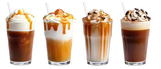Variety of iced coffee drinks with whipped cream and caramel topping png