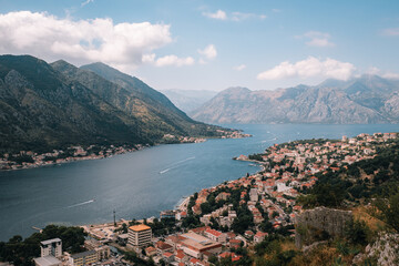 Kotor city panorama with mountains and traditional buildings. Montenegro. 