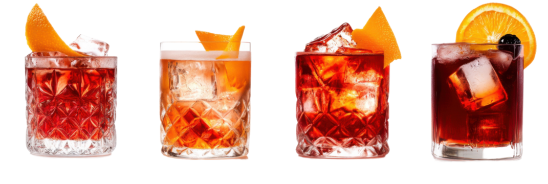 Variety of negroni cocktails with orange garnish and ice cubes in glasses png