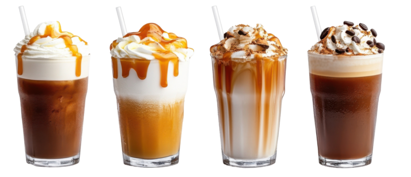 Variety of iced coffee drinks with whipped cream and caramel topping png