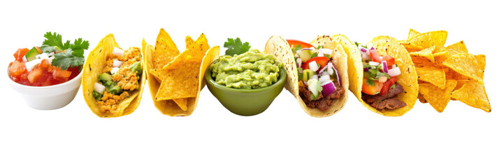 Variety of delicious tacos with guacamole and salsa accompanied by crunchy tortilla chips png
