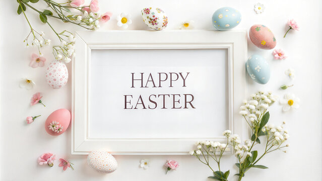 Happy Easter frame with pastel eggs and flowers