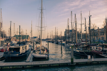 Boat dock with sailboats in Rotterdam harbor. Netherlands.