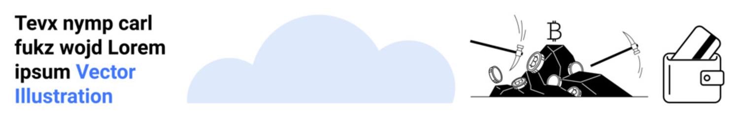 bitcoin mine pickaxes and coin, cloud in background, mobile popping out laptop in digital wallet. Ideal for fintech, blockchain technology, cryptocurrency, mining, financial growth, virtual