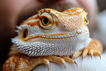 Close-up of a bearded dragon's head, close to a human face, looking at the camera. National Pet Day.