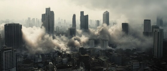 Cityscape engulfed in thick smoke and fog, high-rise buildings partially obscured.