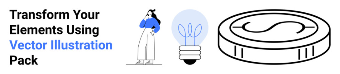 Woman pondering with crossed arms, illuminated light bulb representing ideas, large coin depicting monetary value. Ideal for brainstorming, strategy, finance, innovation, creativity, business flat