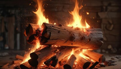 Fiery sparks dance in the air as a burning log crackles in the fireplace, wood, crackling sound