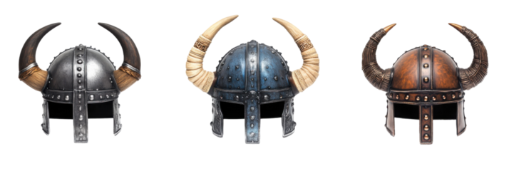 Three viking helmets with horns in metal, blue, and brown designs png