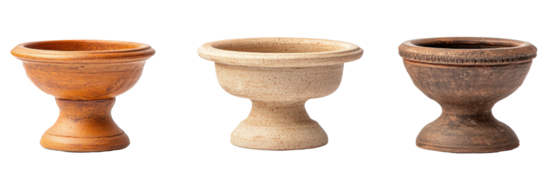 Three vintage clay goblets displaying unique textures and colors png