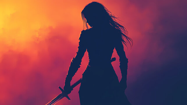 Silhouette of a female warrior holding a sword. Dark Fantasy. Illustration