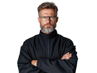 Confident adult man with a beard wearing a black jacket and glasses stands with arms crossed on a transparent background