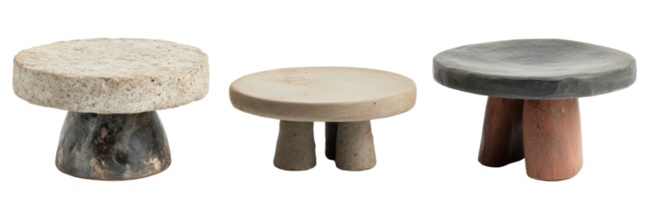 Three rustic stone stools with unique textures and natural earthy tones on display png