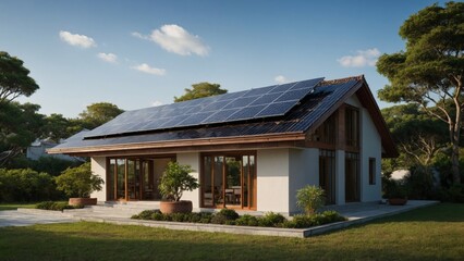 A modern, energy-efficient home with sleek solar panels on its roof blends contemporary architecture with sustainable living, offering a stylish and eco-friendly lifestyle surrounded by nature