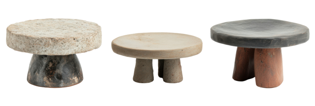 Three rustic stone stools with unique textures and natural earthy tones on display png