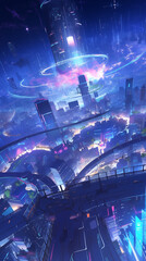 Fototapeta premium Futuristic anime city with flying cars and holograms, detailed and vibrant anime manga illustration