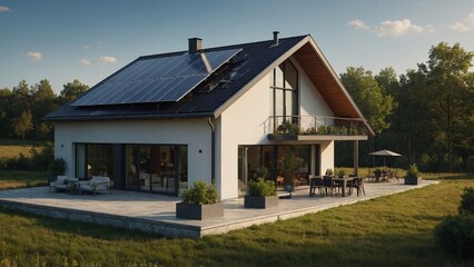 A modern, energy-efficient home with sleek solar panels on its roof blends contemporary architecture with sustainable living, offering a stylish and eco-friendly lifestyle surrounded by nature