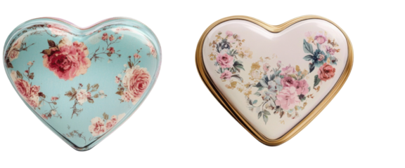 Three heart-shaped floral tin boxes with vintage rose patterns png