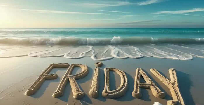 the word 'FRIDAY' written in bold, cursive script letters in the damp, compact sand of a shallow beach, with gentle, lapping waves gradually approaching and erasing the letters