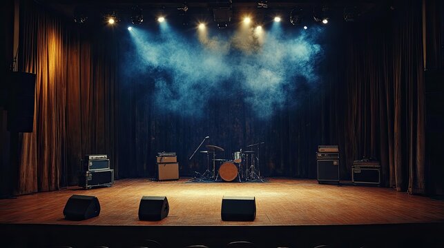 An empty stage of a small unplugged live music concert. 