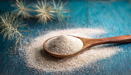 psyllium isabgol husks heap natural with wooden spoon psyllium husk or isabgol soluble fiber derived from seeds of plantago ovata generally mixed with water psyllium seeds husk natural plantago plant