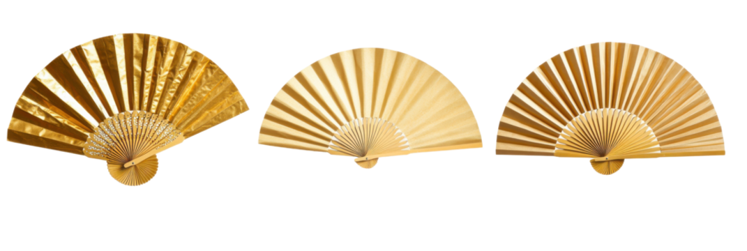 Three elegant gold handheld fans in various designs and patterns png