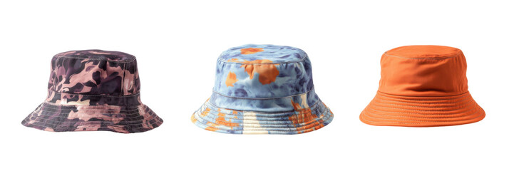 Three colorful patterned bucket hats in pink, blue, and orange on clear background png